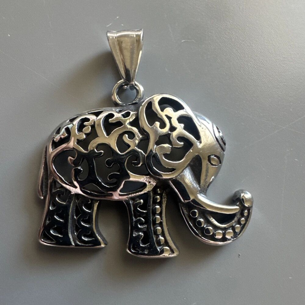 Elephant Pendant Lucky Trunk Up Stainless Steel Filigree Scrollwork 24” Necklace